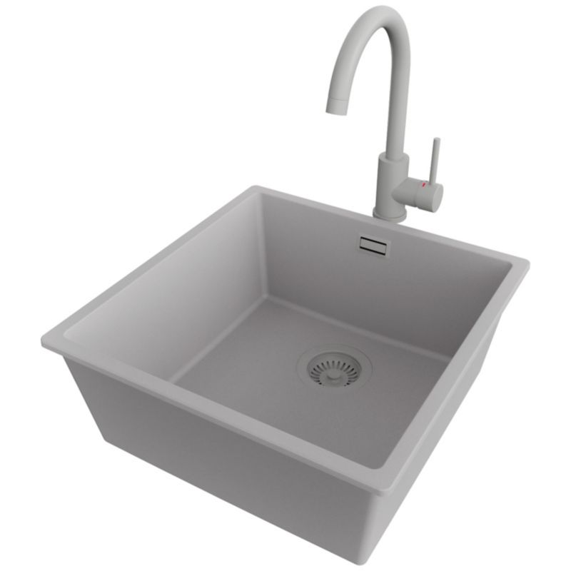 Zlewozmywak Granitowy Londyn Slim PRIMAGRAN Nablatowy 46x47cm do Szafki od 50cm, Cały Szary + Bateria + Syfon, S222, 1 szt.