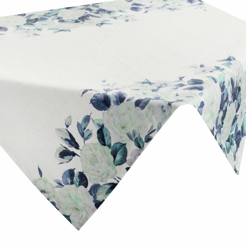 Obrus NATU/8 Eurofirany 85 x 85 cm biało zielony z dodatkiem lnu i nadrukiem z motywem kwiatowym 1 szt.