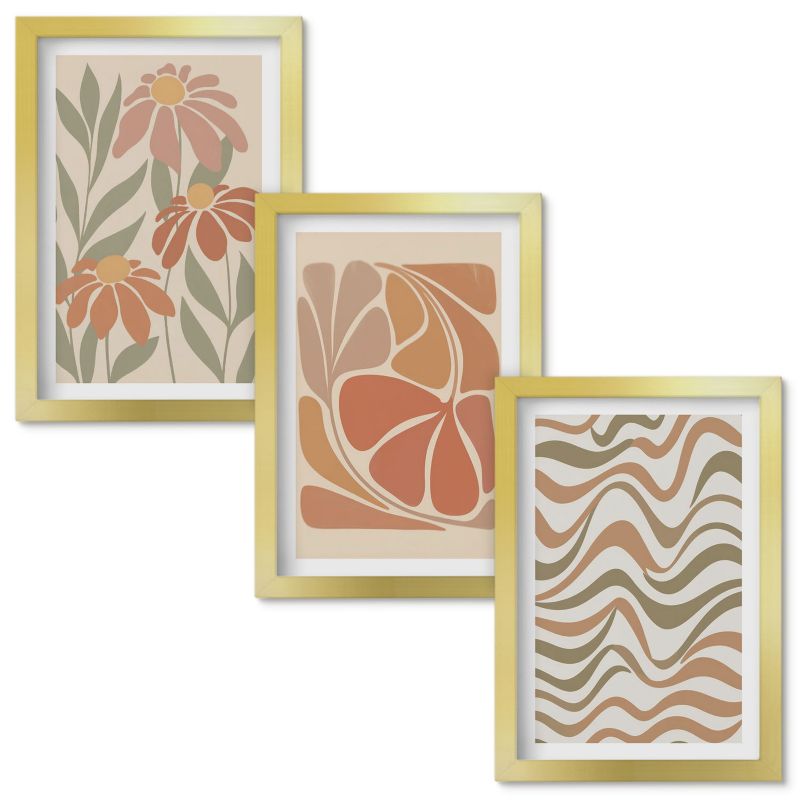 Obraz Ścienny Zestaw Wallfluent Kwiaty pastelowe abstrakcje Złota rama 20x30cm 3 szt.