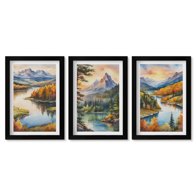 Trzy obrazy w czarnej ramie zestaw Tulup 20x30 cm Górskie pejzaże z rzeką Galeria ścienna 1 kpl