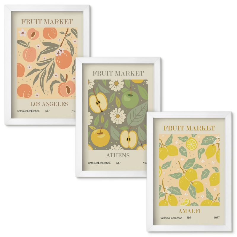 Set Obrazów w Ramie Wallfluent Owocowe wzory retro postery Biała rama 20x30cm 3 szt.