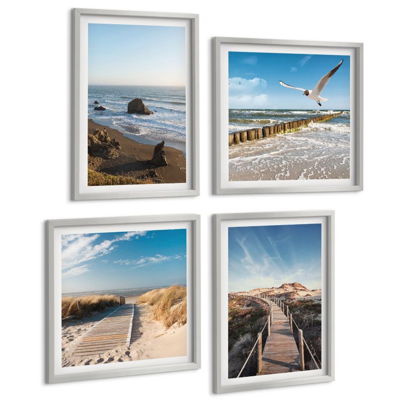 Galeria 4 Obrazów ArtPrintCave (2x50x50+2x40x60cm) Srebrna rama Plaża fale niebo molo spacer 1 kpl.