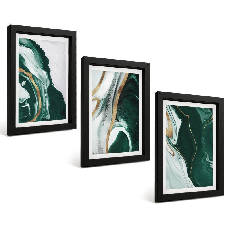 Galeria 3 Obrazów w Czarnej Ramie ArtPrintCave 20x30 cm Komplet ścienny Abstrakcyjne wzory farb zieleni 1 kpl.