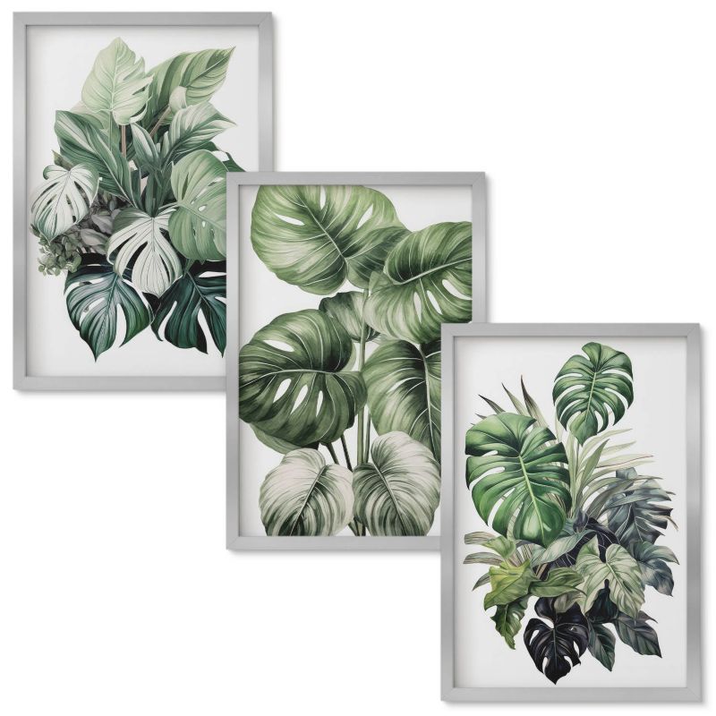 Zestaw Obrazów w Ramie Wallfluent Zielone liście tropików akwarela Srebrna rama 40x60 cm 3 szt.