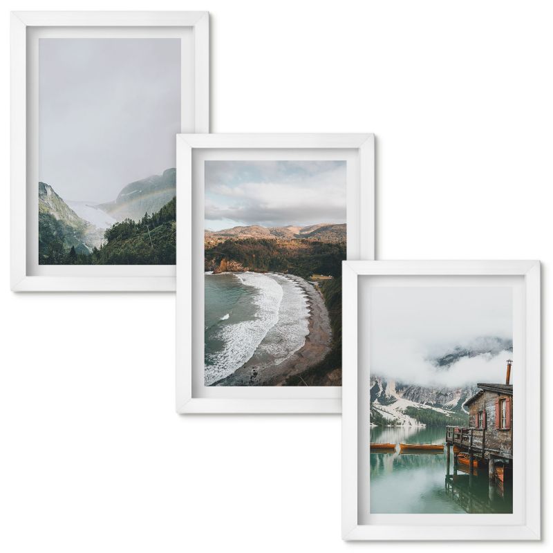 Obrazy Do Sypialni Wallfluent Góry plaża chmury woda Biała rama 20x30cm 3 szt.