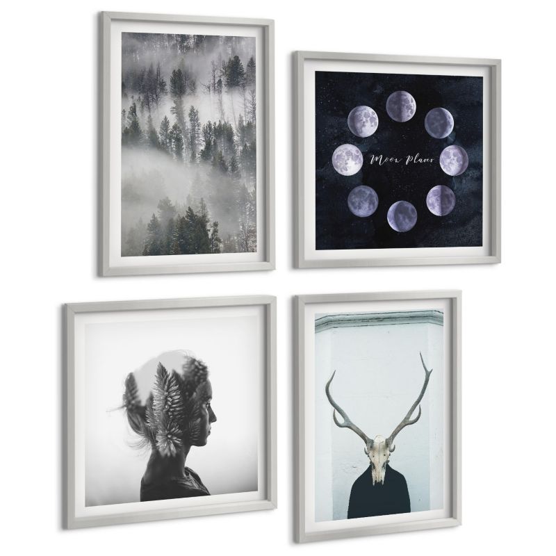 Galeria 4 Obrazów ArtPrintCave (2x50x50+2x40x60cm) Srebrna rama Las mgła księżyc czaszka kobieta 1 kpl.