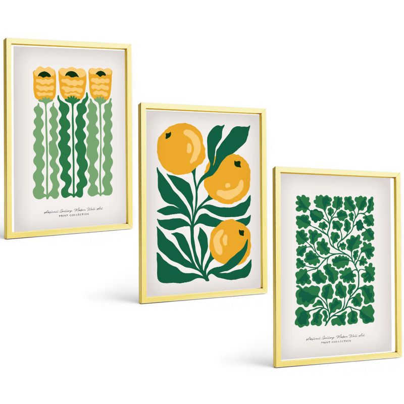 Komplet 3 Obrazów w Złotej Ramie ArtPrintCave 40x60 cm Grafika Ścienna Roślinne wzory kwiaty liście 1 kpl.