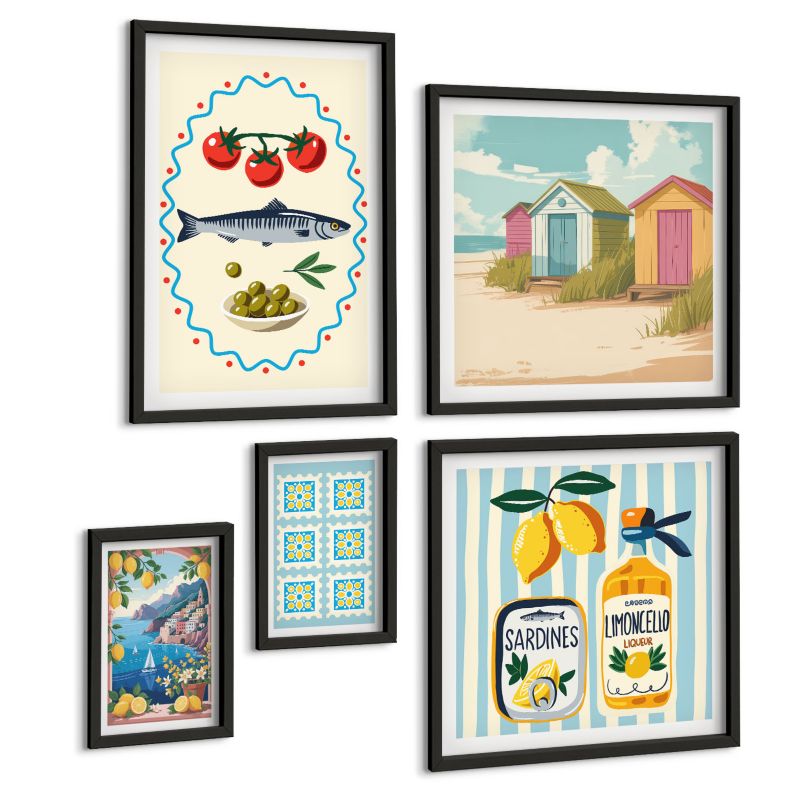 Zestaw Obrazów 5 Częściowy ArtPrintCave (2x50x50+2x20x30+40x60cm) Czarna rama Kwiaty wino Mediolan Paryż 1 kpl.