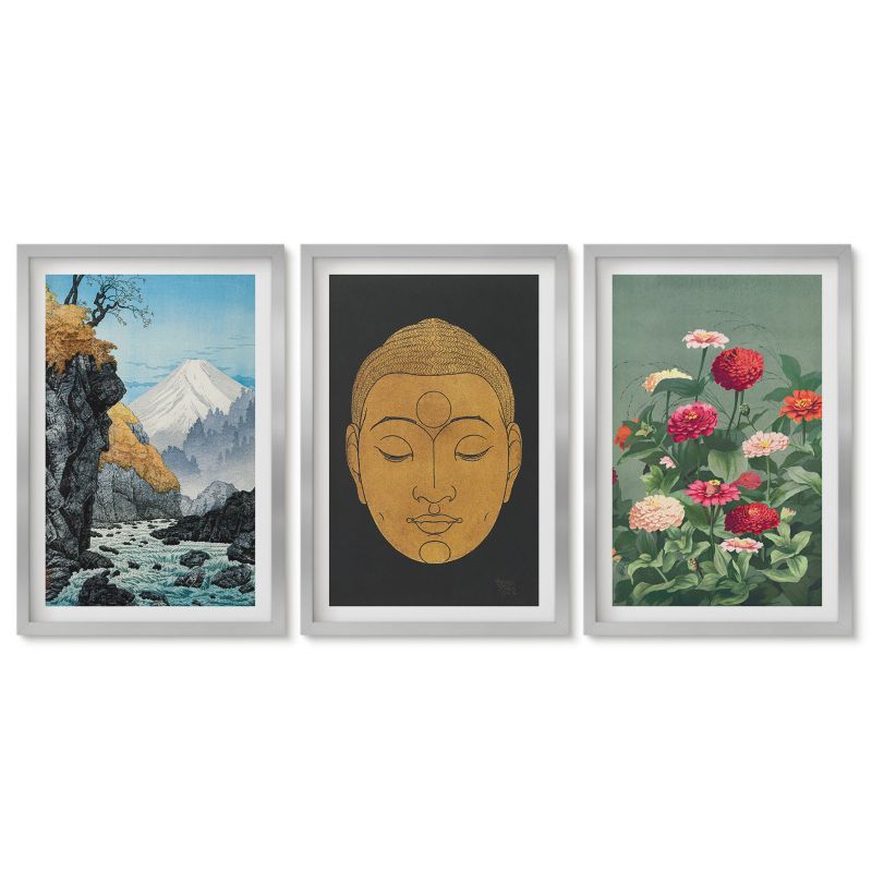 Trzy obrazy w srebrnej ramie zestaw Tulup 40x60 cm Japońska natura kultura japandi Galeria ścienna 1 kpl