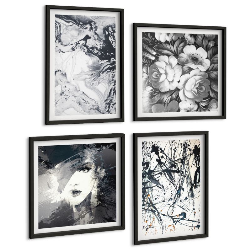 Zestaw 4 Obrazów ArtPrintCave (2x50x50+2x40x60cm) Czarna rama Abstrakcyjne czarno Czarne wzory 1 kpl.