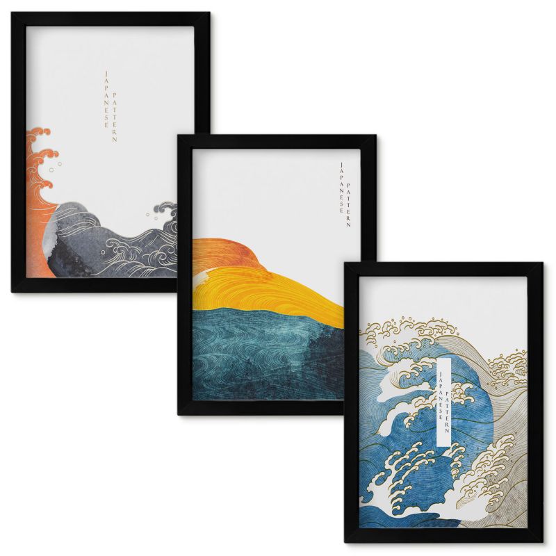 Obrazy Do Sypialni Wallfluent Fale japońskiego stylu grafika Czarna rama 20x30cm 3 szt.