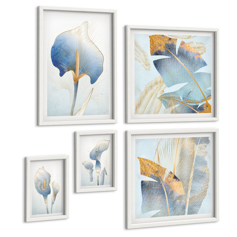 Zestaw 5 Obrazów ArtPrintCave (2x50x50+2x20x30+40x60cm) Biała rama Błękitne kwiaty na tle 1 kpl.
