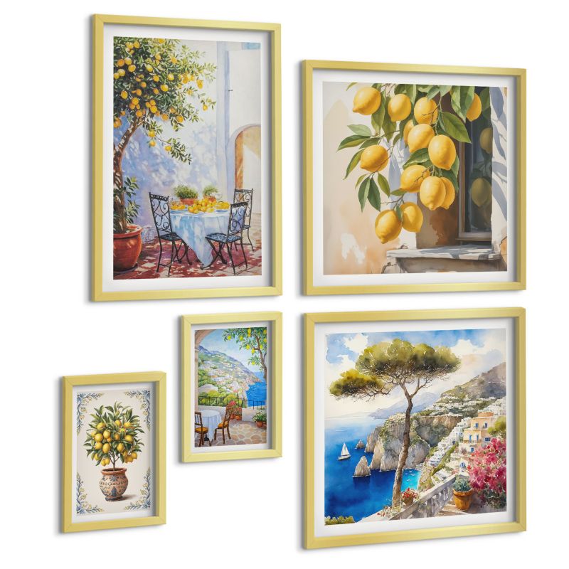 Zestaw 5 Obrazów ArtPrintCave (2x50x50+2x20x30+40x60cm) Złota rama Abstrakcyjne góry żurawie 1 kpl.