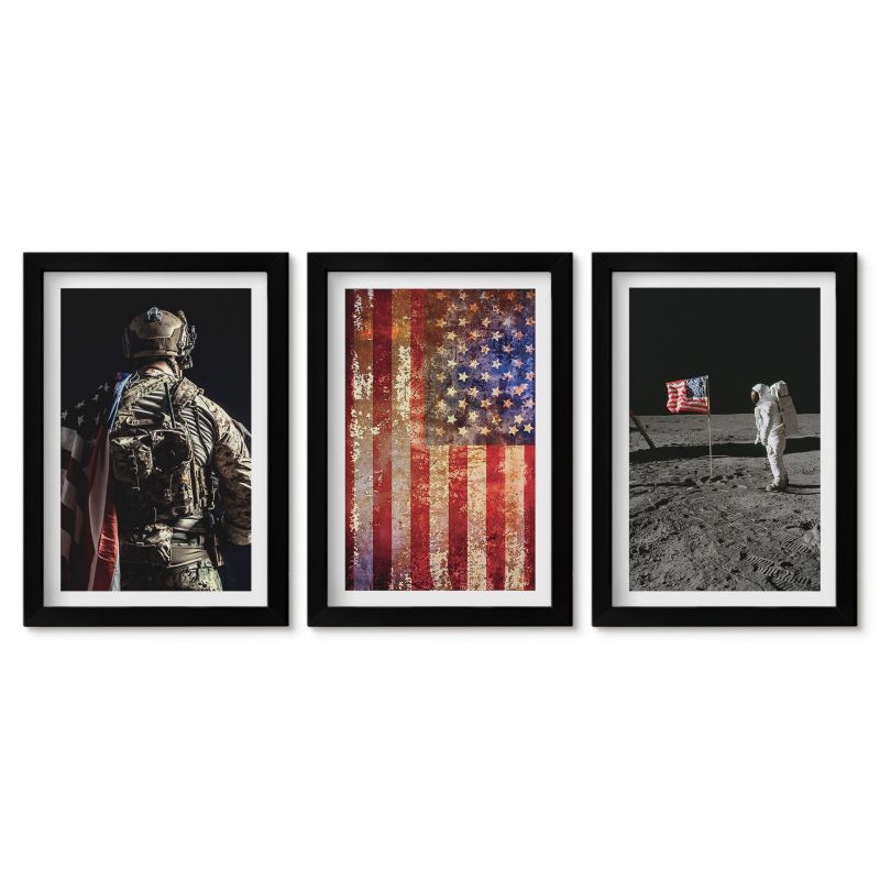 Trzy obrazy w czarnej ramie zestaw Tulup 20x30 cm Amerykańskie symbole flaga USA Małe obrazy do kuchni w ramie 1 kpl