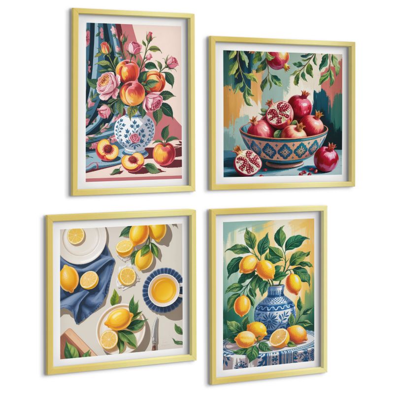 Galeria 4 Obrazów ArtPrintCave (2x50x50+2x40x60cm) Złota rama Kwiaty owoce w wazonach 1 kpl.