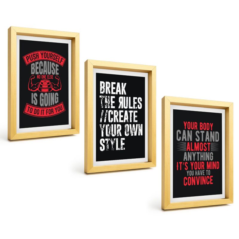 Trzyczęściowy Zestaw Obrazów ArtPrintCave 20x30 cm Złota rama Motywacja trening samorozwój 1 kpl.
