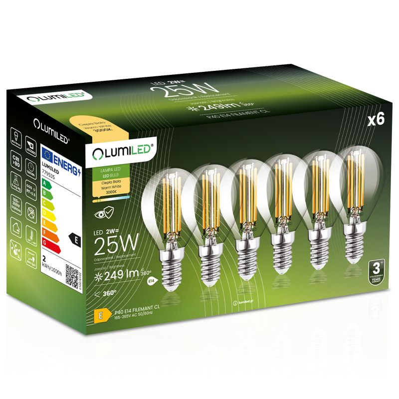 Żarówka LED Lumiled E14 Kulka P45 2W 249lm 3000K 360st Filament 6 szt.