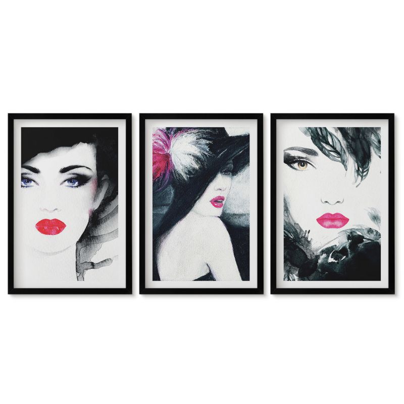 Obrazy w czarnej ramie Tulup 40x60 cm Portrety kobiet z ustami Tryptyk 1 kpl
