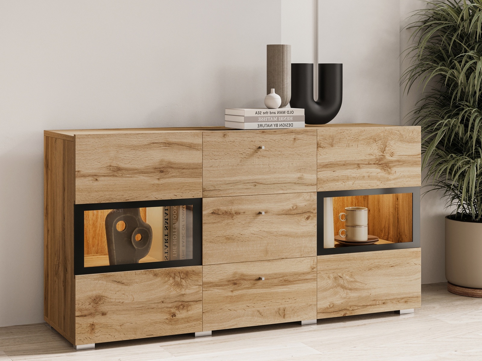 Nowoczesna komoda 132 cm do salonu dąb wotan BARRET