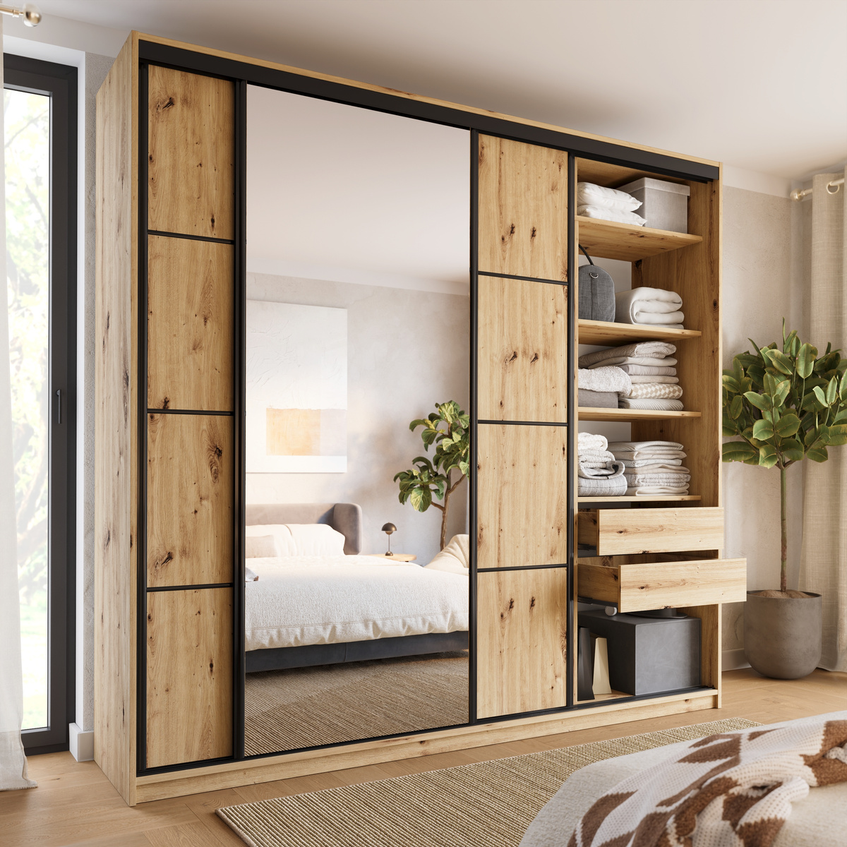 Szafa przesuwna z lustrem 250 cm LOFT MAX z półkami i drążkami