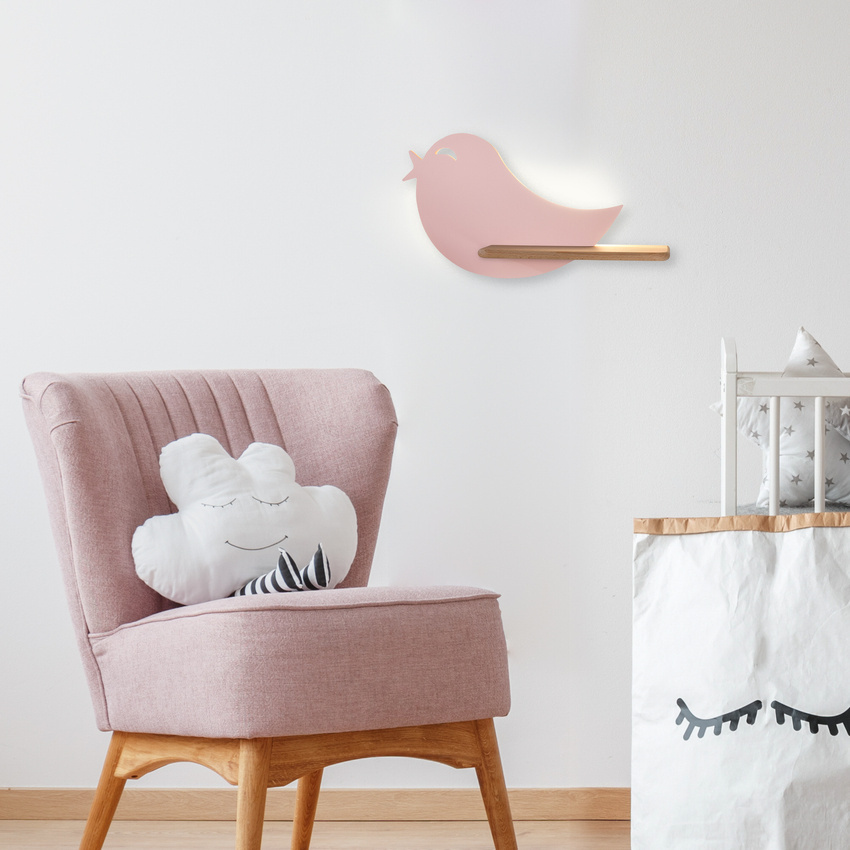 Różowy kinkiet LED z półeczką do pokoju dziecka IQ Kids Bird drewno