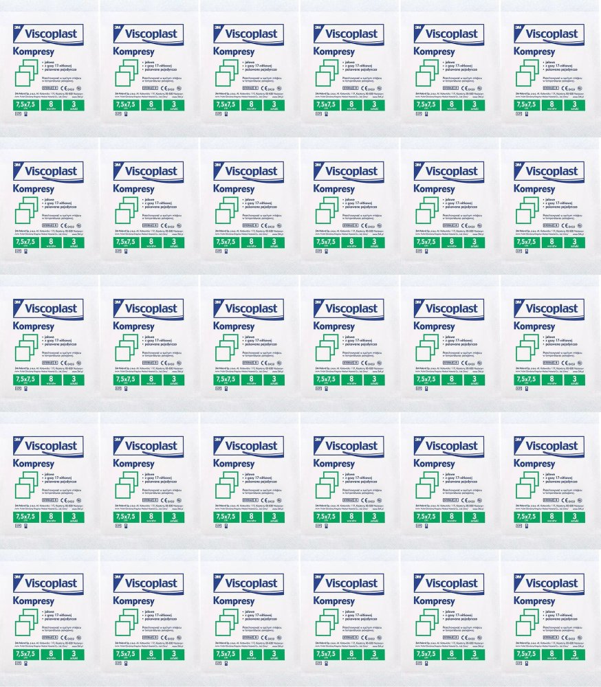 60x Jałowe kompresy gazowe Viscoplast, bawełniane, 17-nitkowe, 8 warstw, 7.5x7.5cm, 3 sztuki