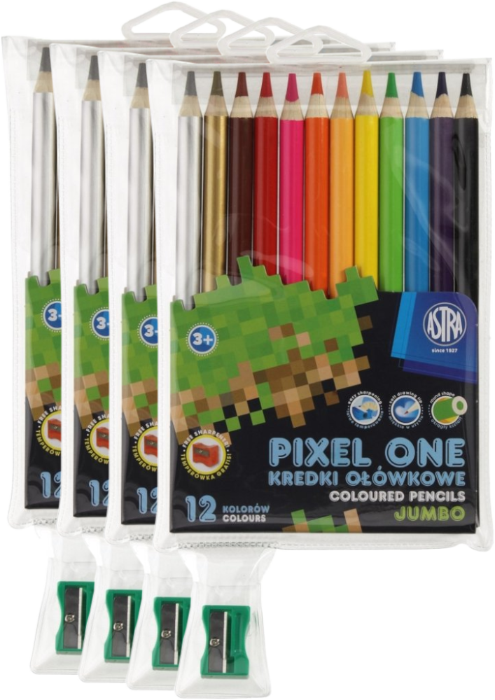 4x Kredki ołówkowe Astrakids Pixel One Jumbo okrągłe, 12 kolorów + temperówka