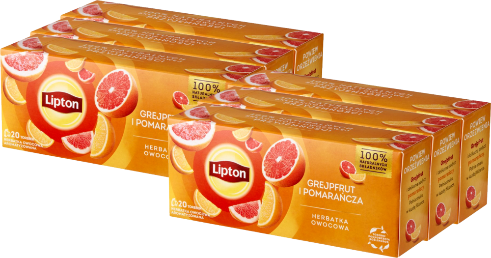 6x Herbata owocowa w torebkach Lipton, grejfrut i pomarańcza, 20 sztuk x 1.7g