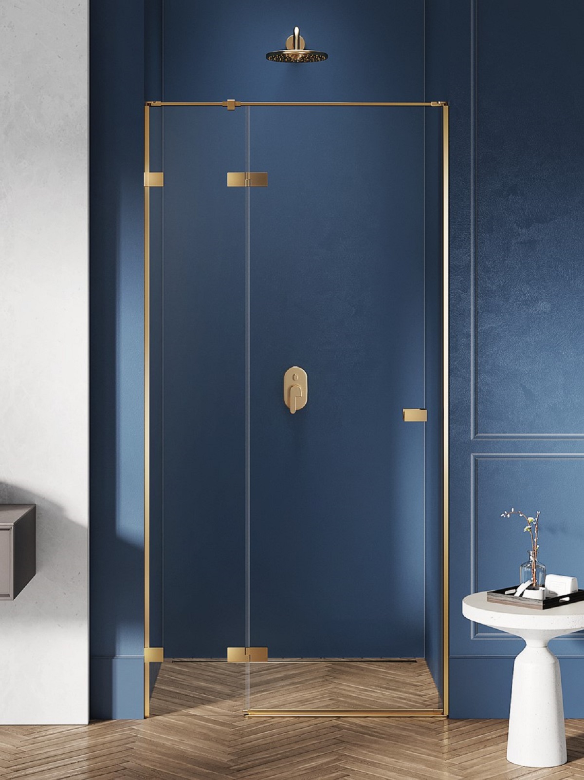 New Trendy Avexa Gold Brushed drzwi prysznicowe 80 cm uchylne lewe złoty szczotkowany/szkło przezroczyste EXK1714
