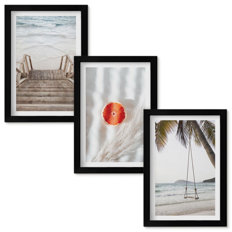 Obrazy do Salonu Wallfluent Plaża drewniane schody wakacje Czarna rama 20x30cm 3 szt.