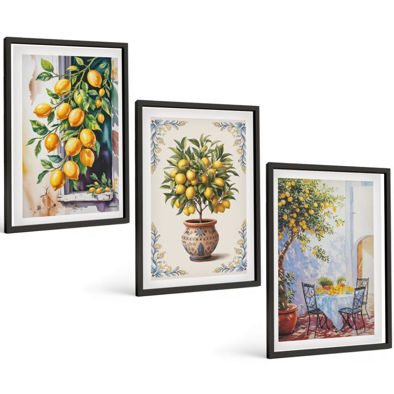 Zestaw 3 Obrazów w Czarnej Ramie ArtPrintCave 40x60 cm Galeria Ścienna Cytrynowe drzewa owoce słońce 1 kpl.