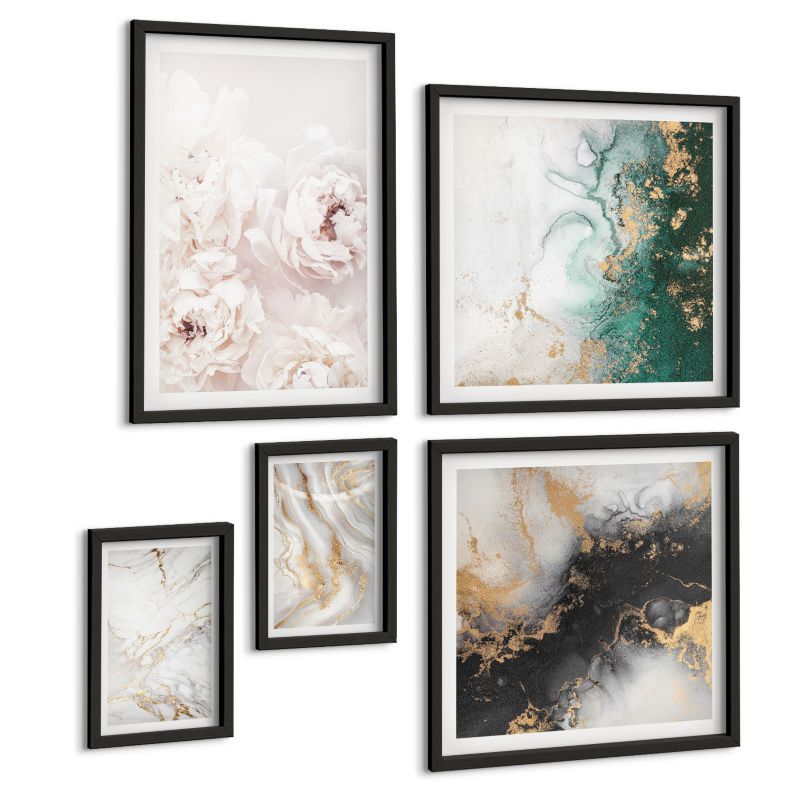 Komplet 5 Obrazów ArtPrintCave (2x50x50+2x20x30+40x60cm) Czarna rama Abstrakcyjne wzory biel czerń zieleń 1 kpl.