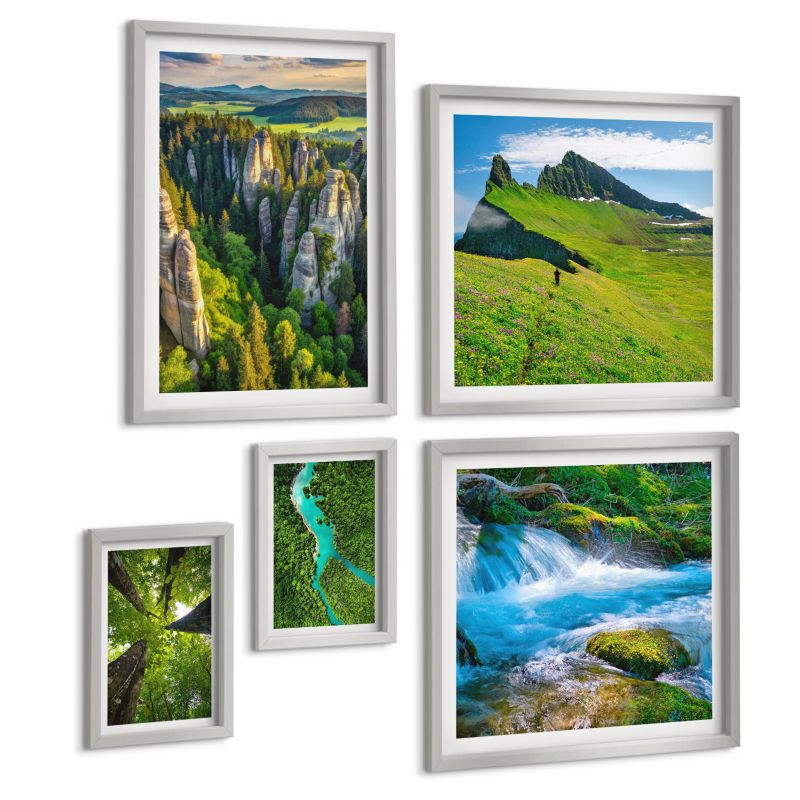 Zestaw 5 Obrazów ArtPrintCave (2x50x50+2x20x30+40x60cm) Srebrna rama Wodospady zielony las woda 1 kpl.