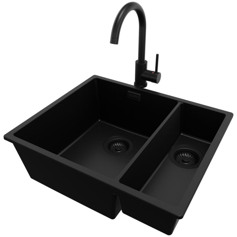 Zlewozmywak Granitowy Londyn Duo Slim PRIMAGRAN Nablatowy 56x47cm do Szafki od 60cm, Cały Czarny + Bateria + Syfon, S012, 1 szt.