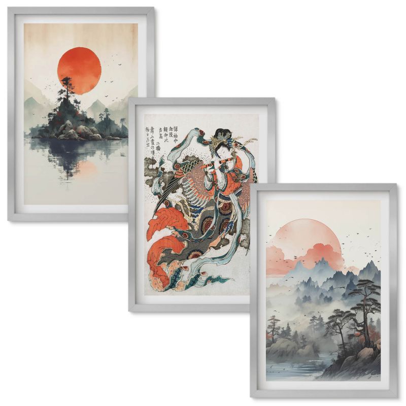 Obraz Ścienny Zestaw Wallfluent Azjatyckie malunki japandi Srebrna rama 40x60 cm 3 szt.