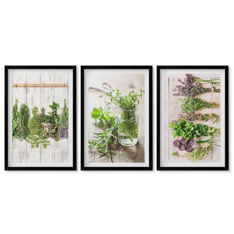 Obrazy w czarnej ramie Tulup 40x60 cm Zioła rośliny do kuchni Tryptyk 1 kpl