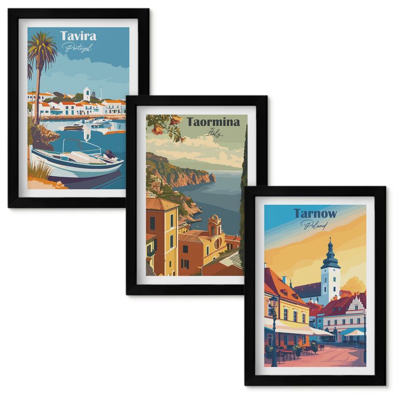 Zestaw obrazów Wallfluent Widoki nadmorskich miast Czarna rama 20x30cm 3 szt.