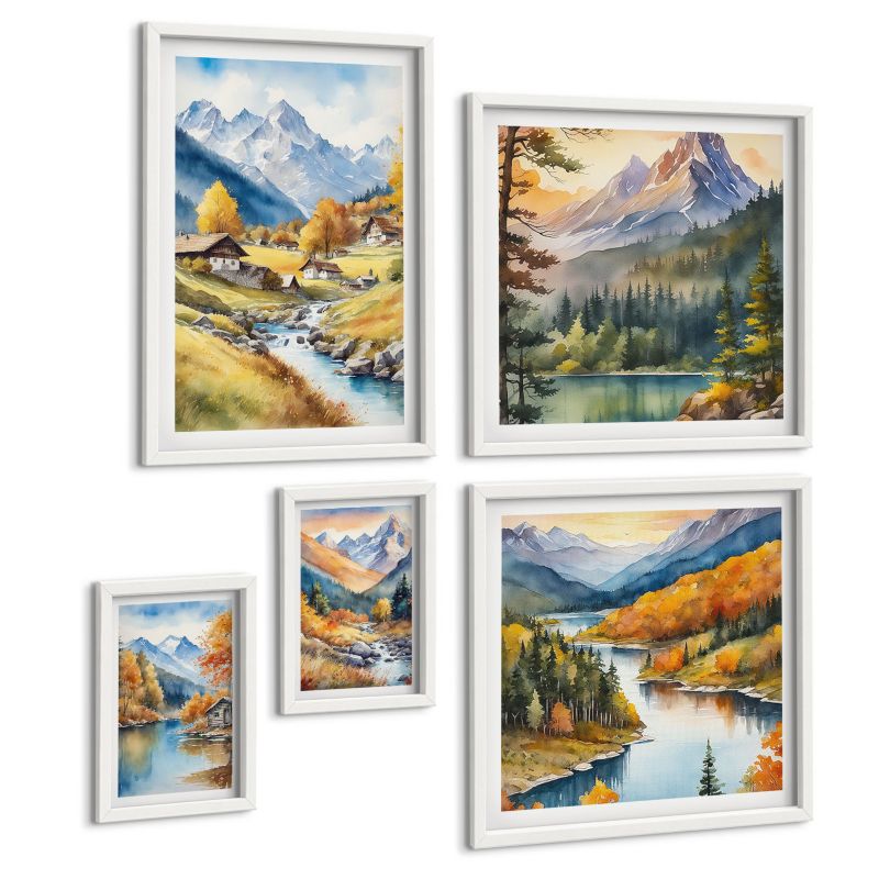 Zestaw Obrazów 5 Częściowy ArtPrintCave (2x50x50+2x20x30+40x60cm) Biała rama Górskie widoki rzeka jesień 1 kpl.