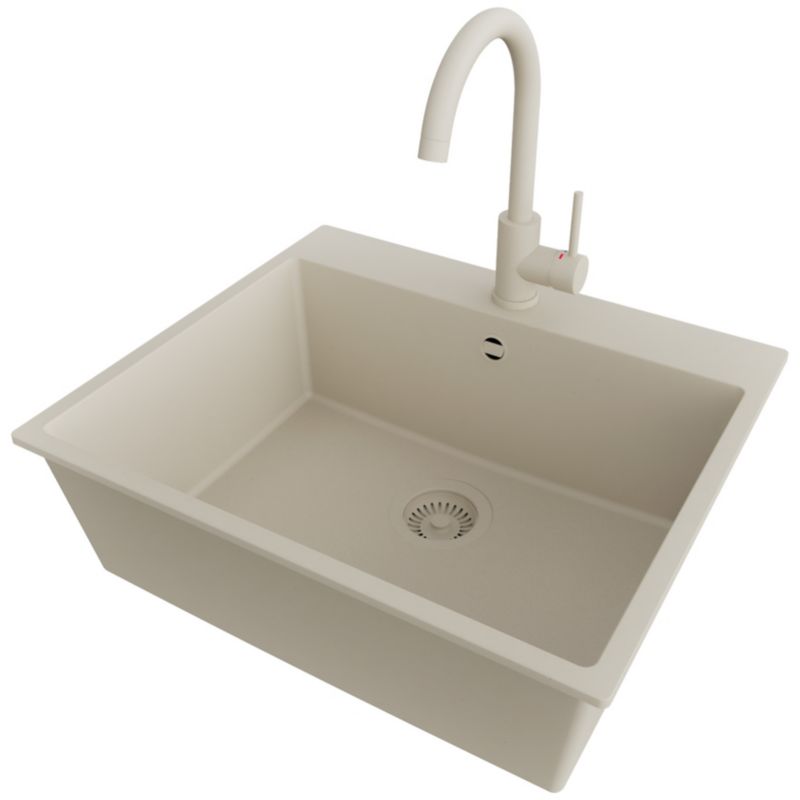 Zlewozmywak Granitowy Ryga PRIMAGRAN Nablatowy 58x50cm do Szafki od 60cm, Cały Beżowy + Bateria 32x20cm + Syfon, S322, 1 szt.