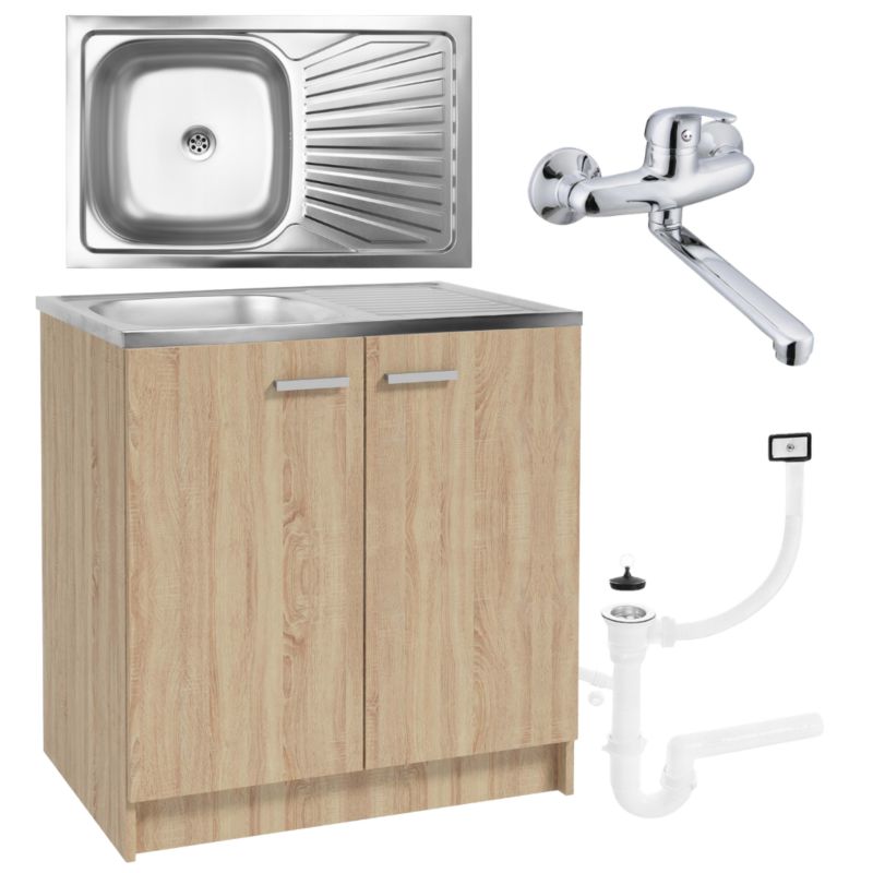 Szafka Kuchenna Stamar Dąb Sonoma Zlewozmywak 800 mm Bateria Ścienna Syfon 1 szt