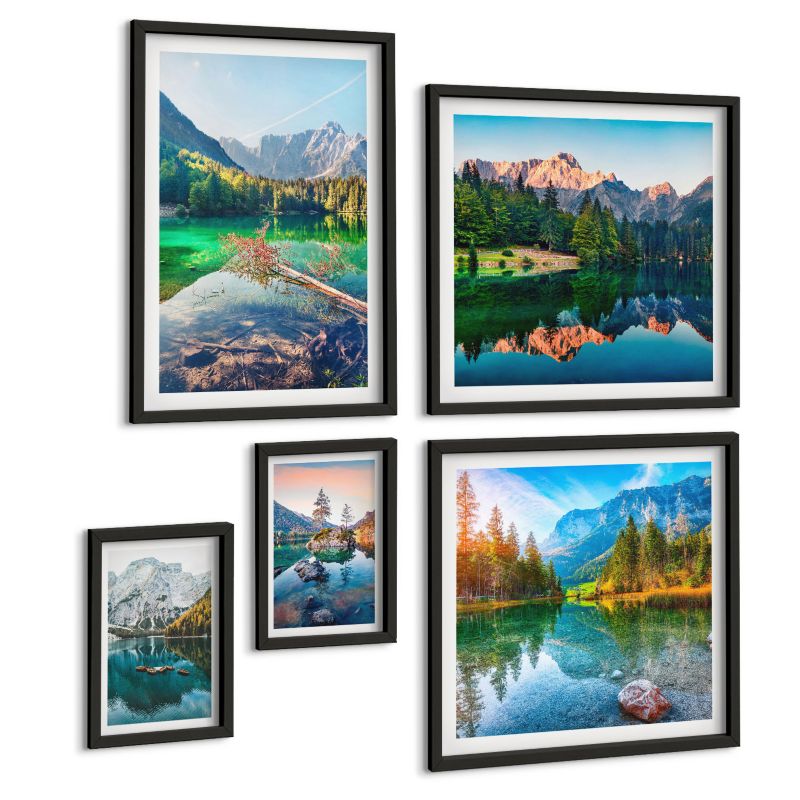 Komplet 5 Obrazów ArtPrintCave (2x50x50+2x20x30+40x60cm) Czarna rama Górskie jeziora odbicie las 1 kpl.