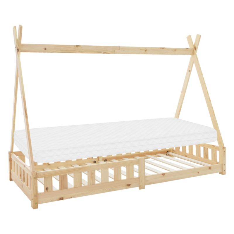 Łóżko dziecięce ML Design 90x200 cm naturalne z materacem posiada ramę z listew barierę chroniącą przed upadkiem maluchów 1 szt