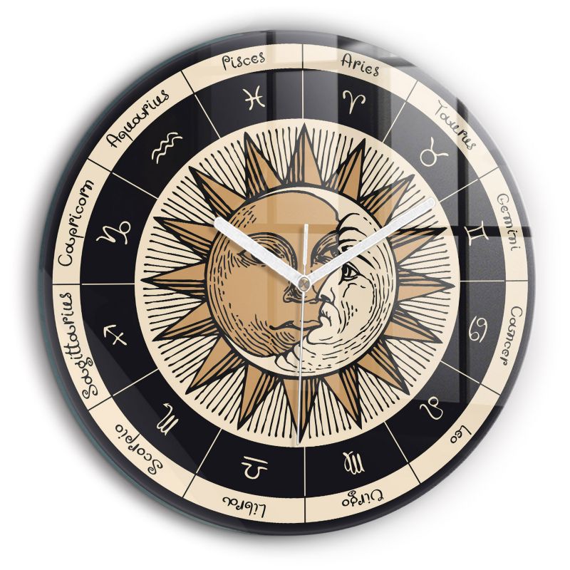 Zegar szklany białe wskazówki Wallfluent fi60 cm Słońce i zodiaki 1 szt.