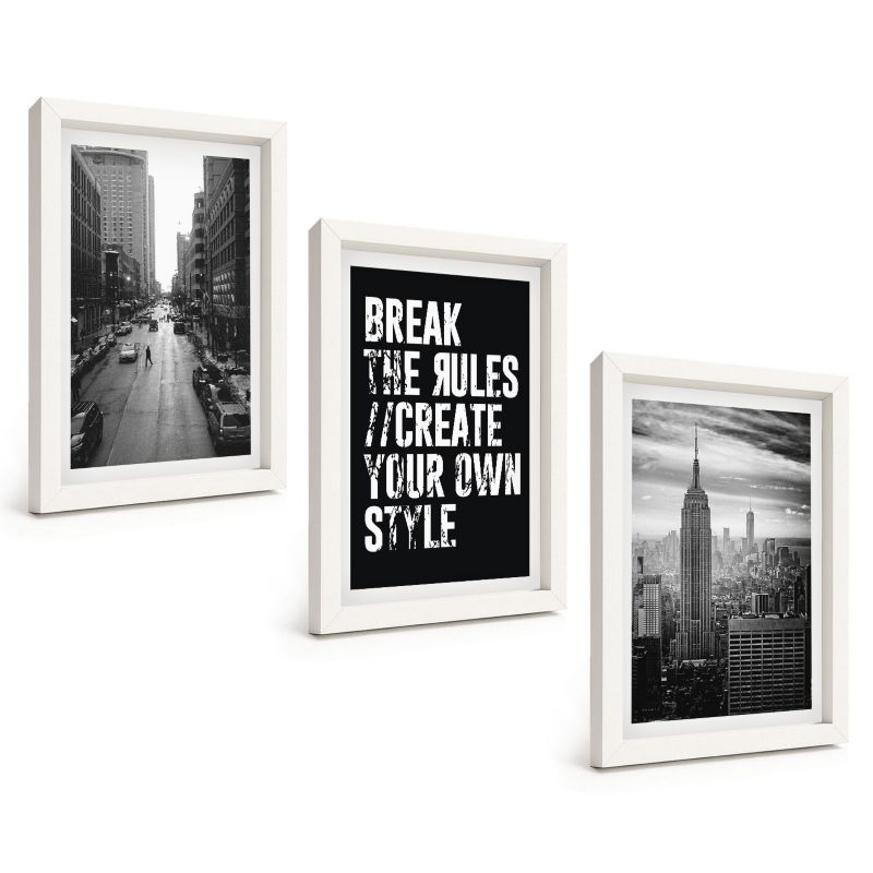 Zestaw 3 Obrazów w Białej Ramie ArtPrintCave 20x30 cm Galeria Ścienna Ulice miasta czerń biel inspiracja 1 kpl.