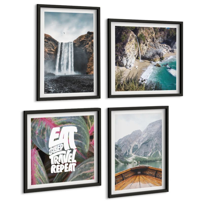 Galeria 4 Obrazów ArtPrintCave (2x50x50+2x40x60cm) Czarna rama Wodospad góra podróże natura 1 kpl.