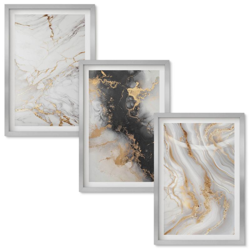 Set Obrazów w Ramie Wallfluent Abstrakcyjne białe czarne wzory Srebrna rama 40x60 cm 3 szt.