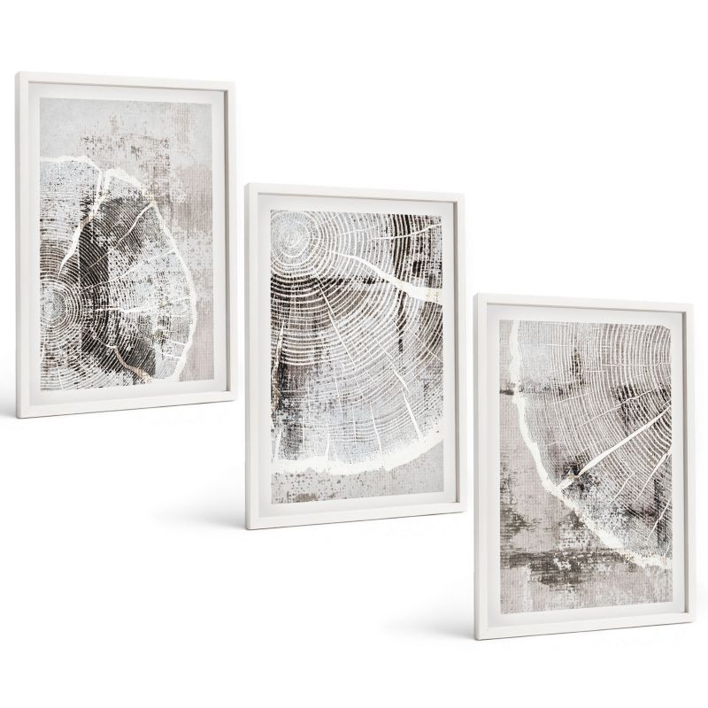 Trzyczęściowy Zestaw Obrazów ArtPrintCave 40x60 cm Biała rama Wzory słojów drewna szarości 1 kpl.