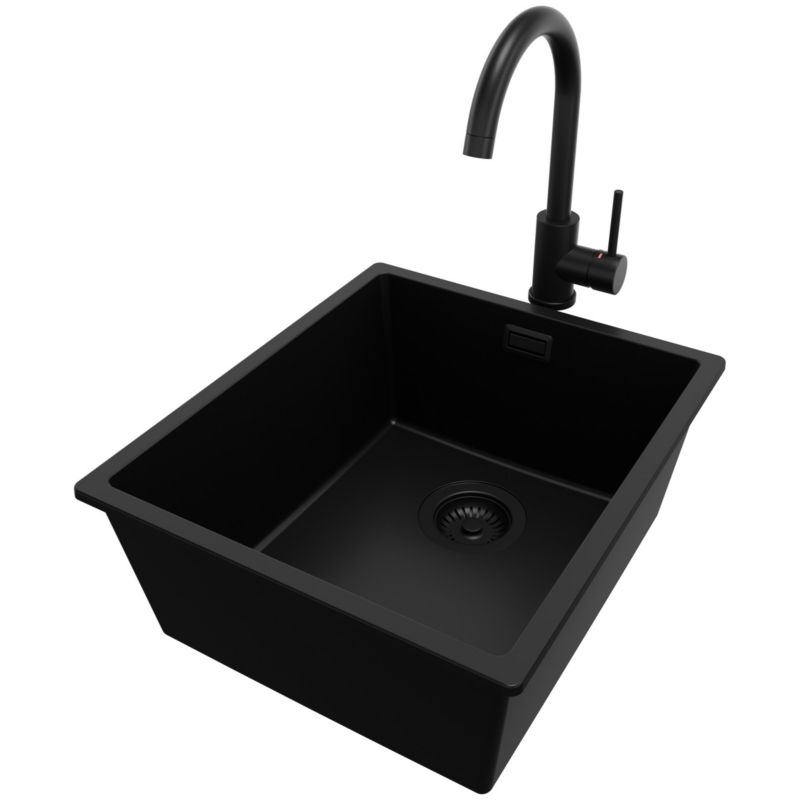 Zlewozmywak Granitowy Londyn Slim PRIMAGRAN Nablatowy 41x47cm do Szafki od 45cm, Cały Czarny + Bateria + Syfon, S128, 1 szt.