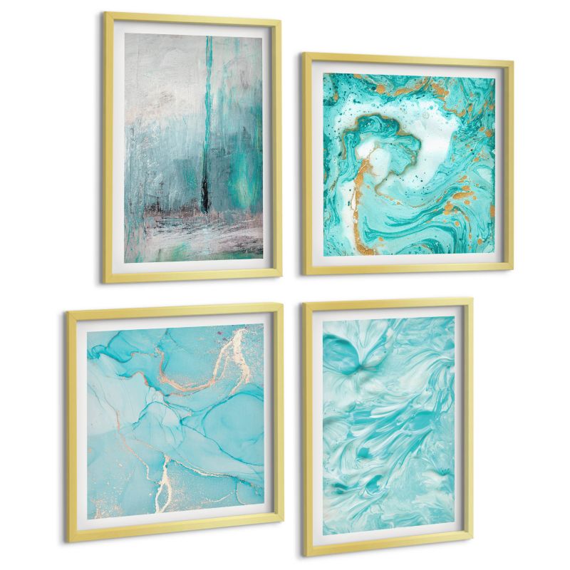 Galeria 4 Obrazów ArtPrintCave (2x50x50+2x40x60cm) Złota rama Odcienie błękitu wzory abstrakcyjne 1 kpl.