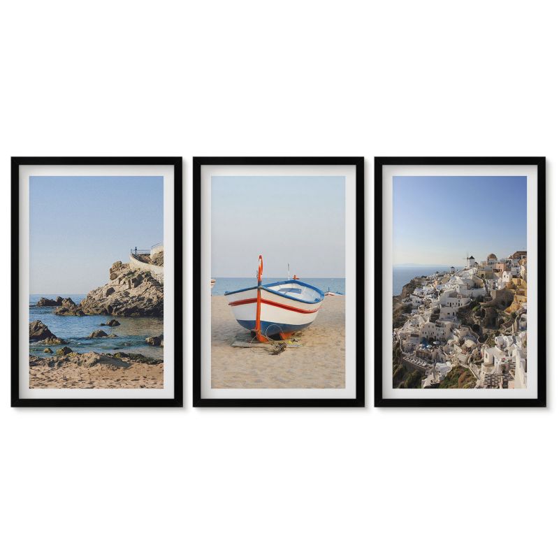 Seria obrazów 3 sztuki Tulup 40x60 cm Widoki Grecji z łodzią i domami Obrazy w czarnej ramie 1 kpl
